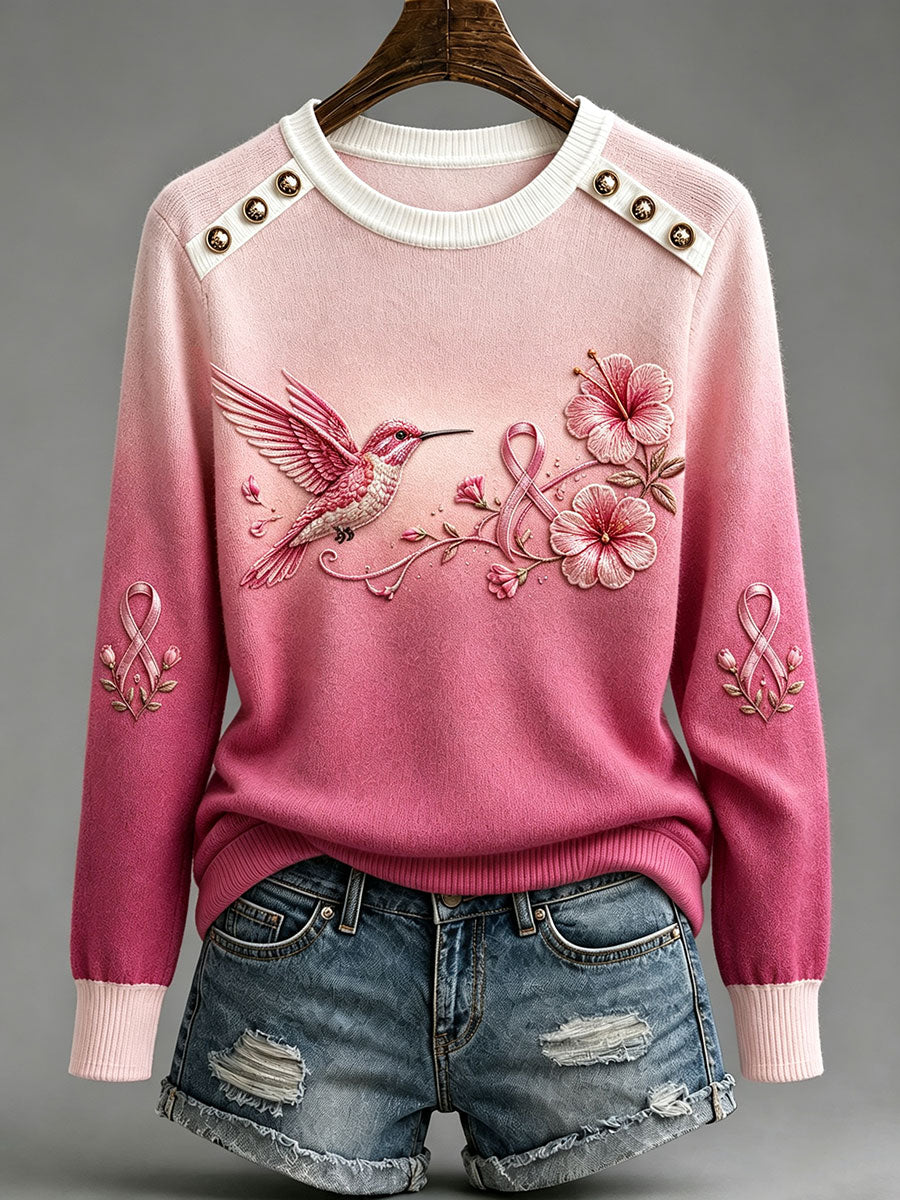 Hauts à col rond motif colibri pour la sensibilisation au cancer du sein chez les femmes