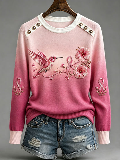 Hauts à col rond motif colibri pour la sensibilisation au cancer du sein chez les femmes