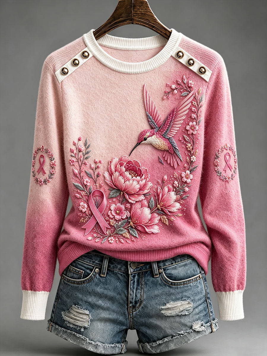 Hauts à col rond motif colibri pour la sensibilisation au cancer du sein chez les femmes