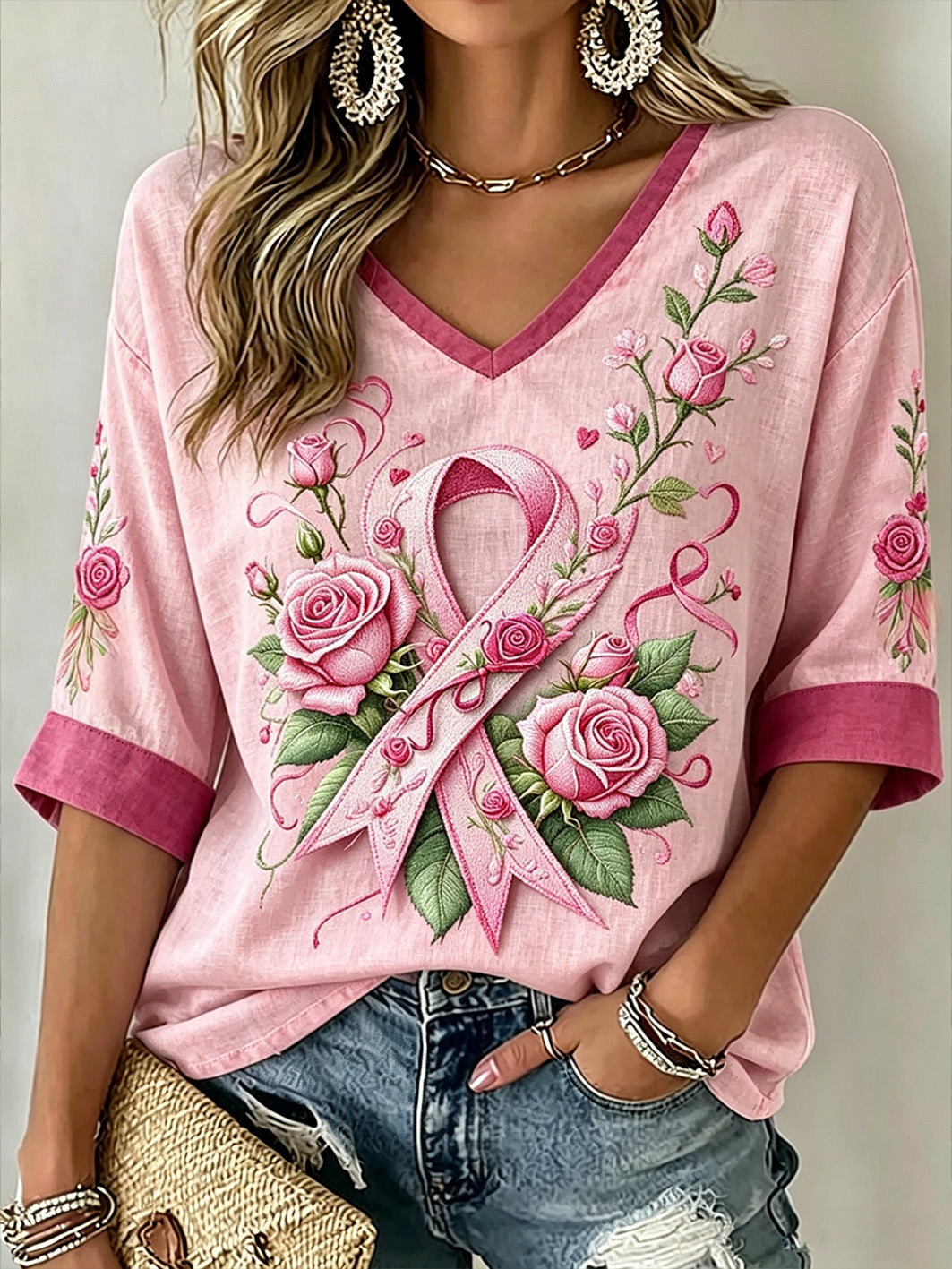 T-shirt décontracté à manches mi-longues à col en V pour femmes, motif de ruban de charité rose et rose