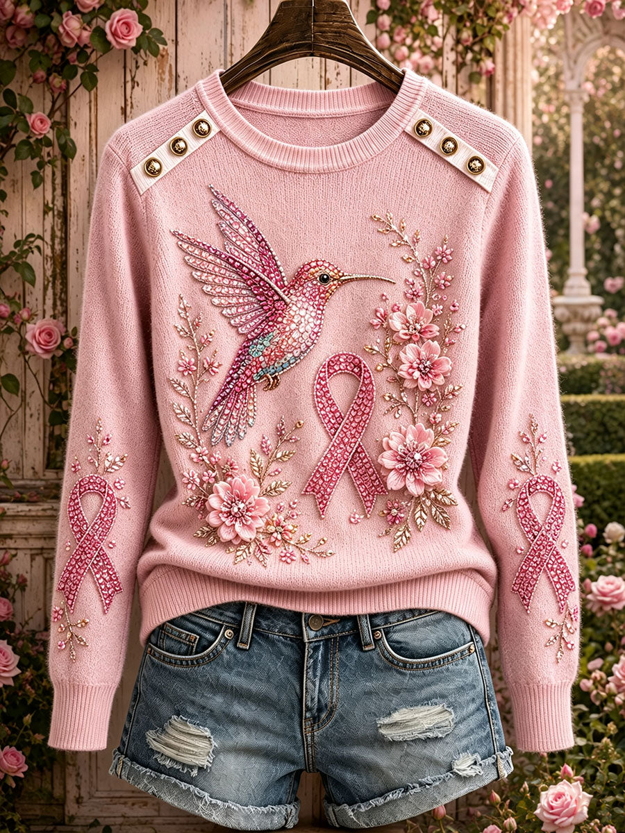 Hauts à col rond motif colibri pour la sensibilisation au cancer du sein chez les femmes