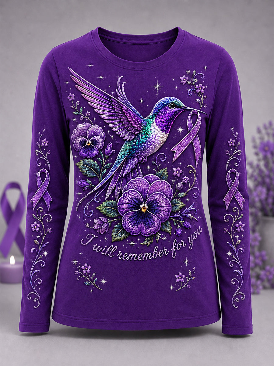 T-shirt femme à manches longues violet à imprimé floral et colibri pour prise en charge de la maladie d'Alzheimer