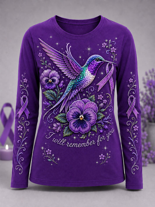 T-shirt femme à manches longues violet à imprimé floral et colibri pour prise en charge de la maladie d'Alzheimer