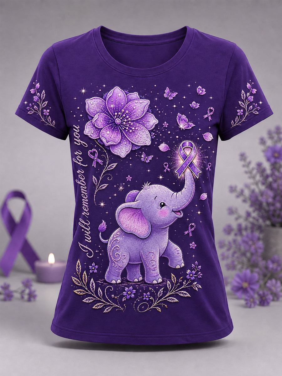 T-shirt de soutien à la sensibilisation à la maladie d’Alzheimer pour femmes, avec imprimé éléphant et message «Je m’en souviendrai pour vous»