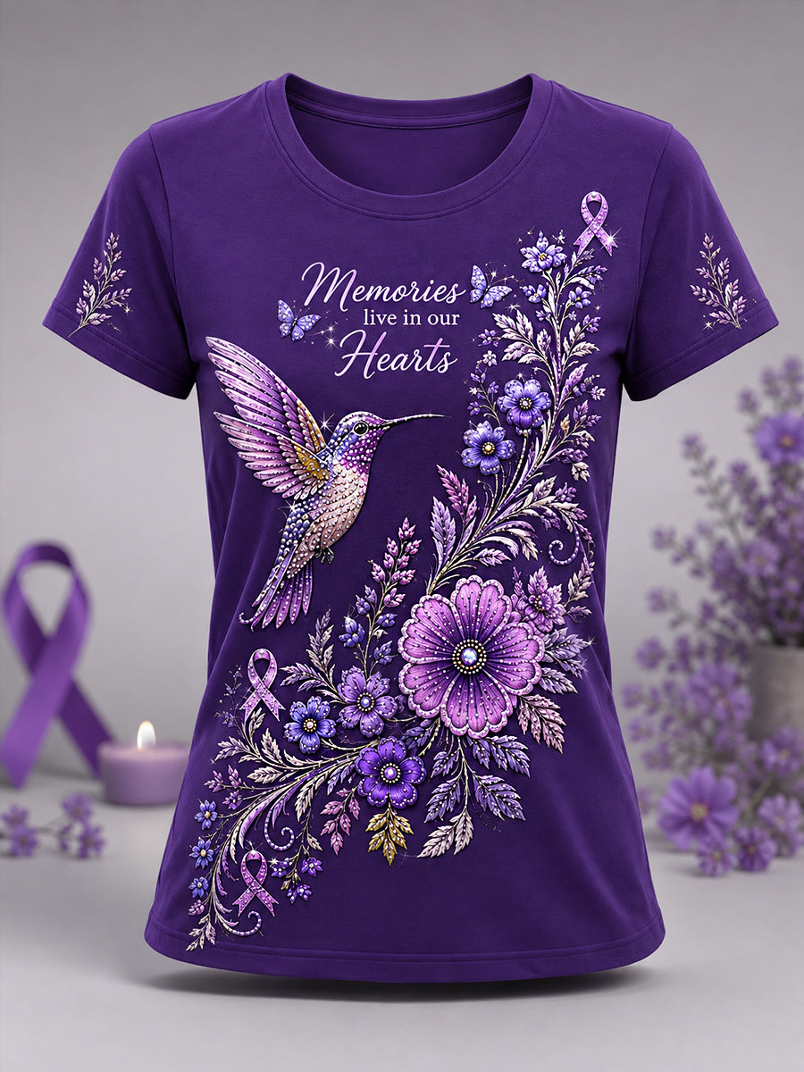 T-shirt de soutien à la sensibilisation à la maladie d’Alzheimer pour femmes, imprimé floral violet et colibri