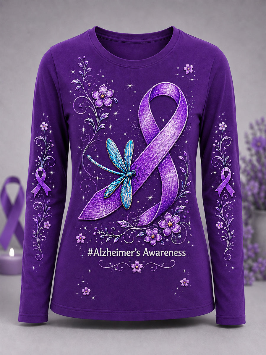 Femmes Violet ruban libellule Imprimer la sensibilisation de la maladie d'Alzheimer soutien T-shirt à manches longues