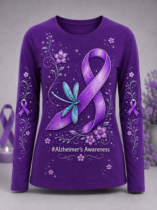 Femmes Violet ruban libellule Imprimer la sensibilisation de la maladie d'Alzheimer soutien T-shirt à manches longues