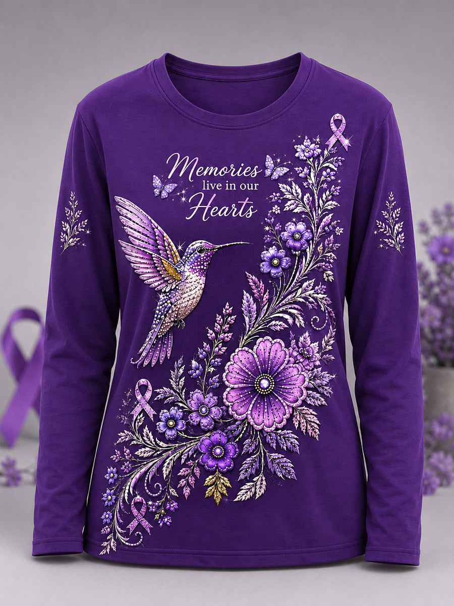 T-shirt à manches longues pour femmes, imprimé floral violet et colibris, en soutien à la sensibilisation à la maladie d’Alzheimer