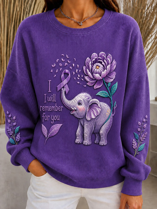 Sweat à col rond côtelé motif éléphant Alzheimer pour femme