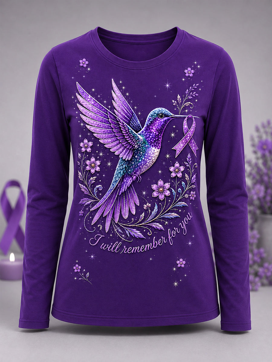 T-shirt à manches longues pour femmes, imprimé floral violet et colibris, en soutien à la sensibilisation à la maladie d’Alzheimer