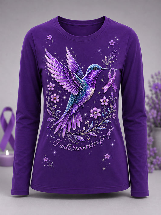 T-shirt à manches longues pour femmes, imprimé floral violet et colibris, en soutien à la sensibilisation à la maladie d’Alzheimer