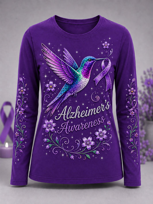 T-shirt à manches longues pour femmes, imprimé floral violet et colibris, en soutien à la sensibilisation à la maladie d’Alzheimer
