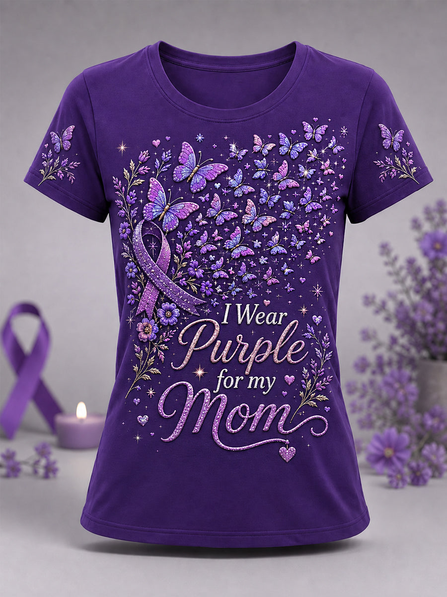 T-shirt de soutien à la sensibilisation à la maladie d’Alzheimer pour femmes, en tissu doux, avec imprimé papillons et message «Je porte du violet pour ma maman»
