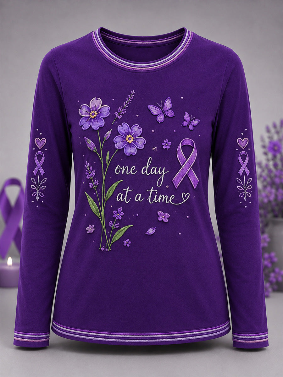 T-shirt à manches longues pour femme, imprimé floral violet en soutien à la sensibilisation à la maladie d’Alzheimer
