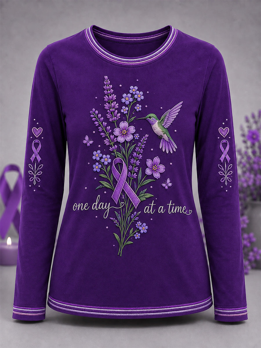 T-shirt à manches longues pour femme, imprimé floral violet en soutien à la sensibilisation à la maladie d’Alzheimer