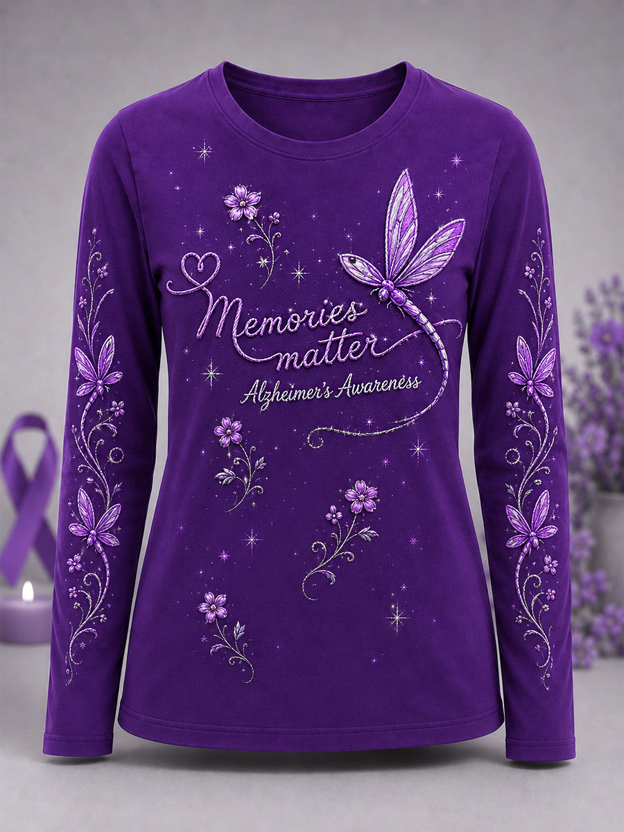 T-shirt à manches longues violet imprimé floral et libellule pour femmes
