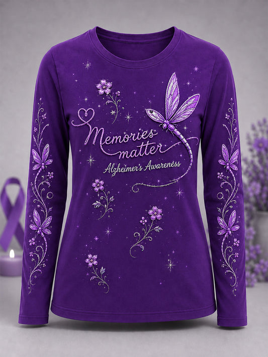 T-shirt à manches longues violet imprimé floral et libellule pour femmes