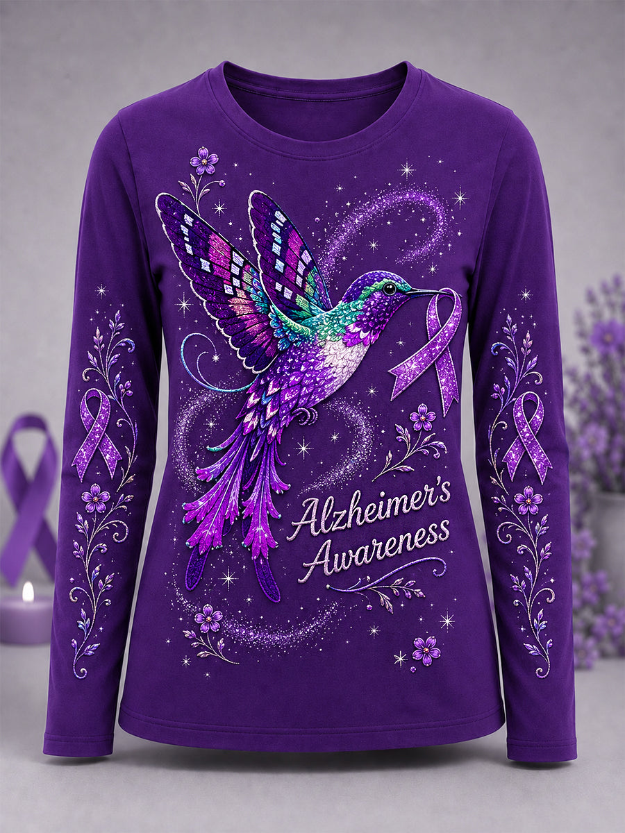 T-shirt à manches longues pour femmes, imprimé floral violet et colibris, en soutien à la sensibilisation à la maladie d’Alzheimer