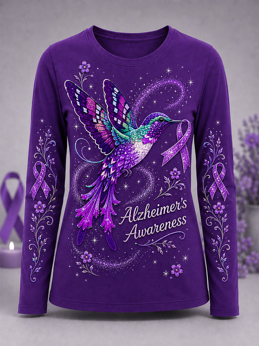 T-shirt à manches longues pour femmes, imprimé floral violet et colibris, en soutien à la sensibilisation à la maladie d’Alzheimer