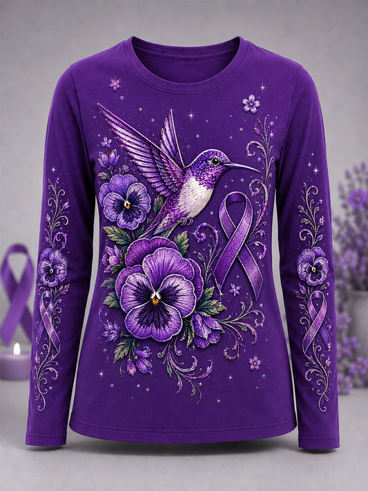 T-shirt à manches longues pour femmes, imprimé floral violet et colibris, en soutien à la sensibilisation à la maladie d’Alzheimer