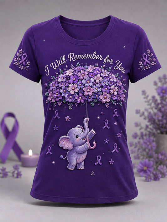T-shirt de soutien à la sensibilisation à la maladie d’Alzheimer pour femmes, avec ruban violet et imprimé éléphant «I Will Remember For You»