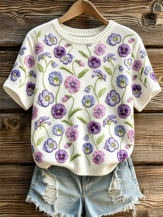 Pull femme manches courtes imprimé fleurs violettes