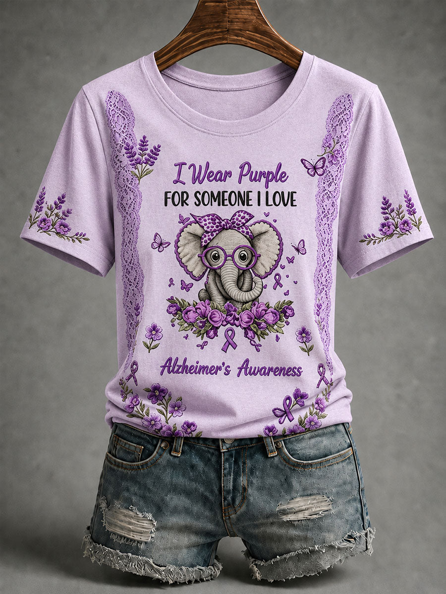 T-shirt à manches courtes pour femmes, motif éléphant et Alzheimer