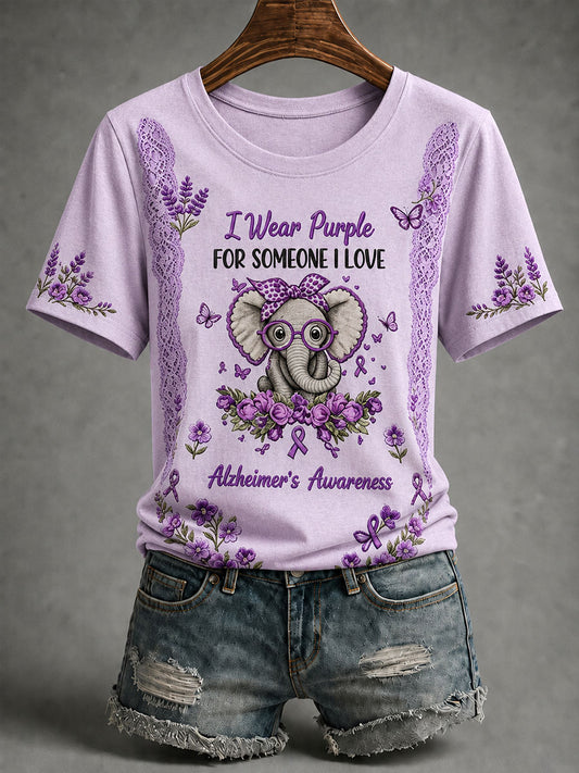 T-shirt à manches courtes pour femmes, motif éléphant et Alzheimer