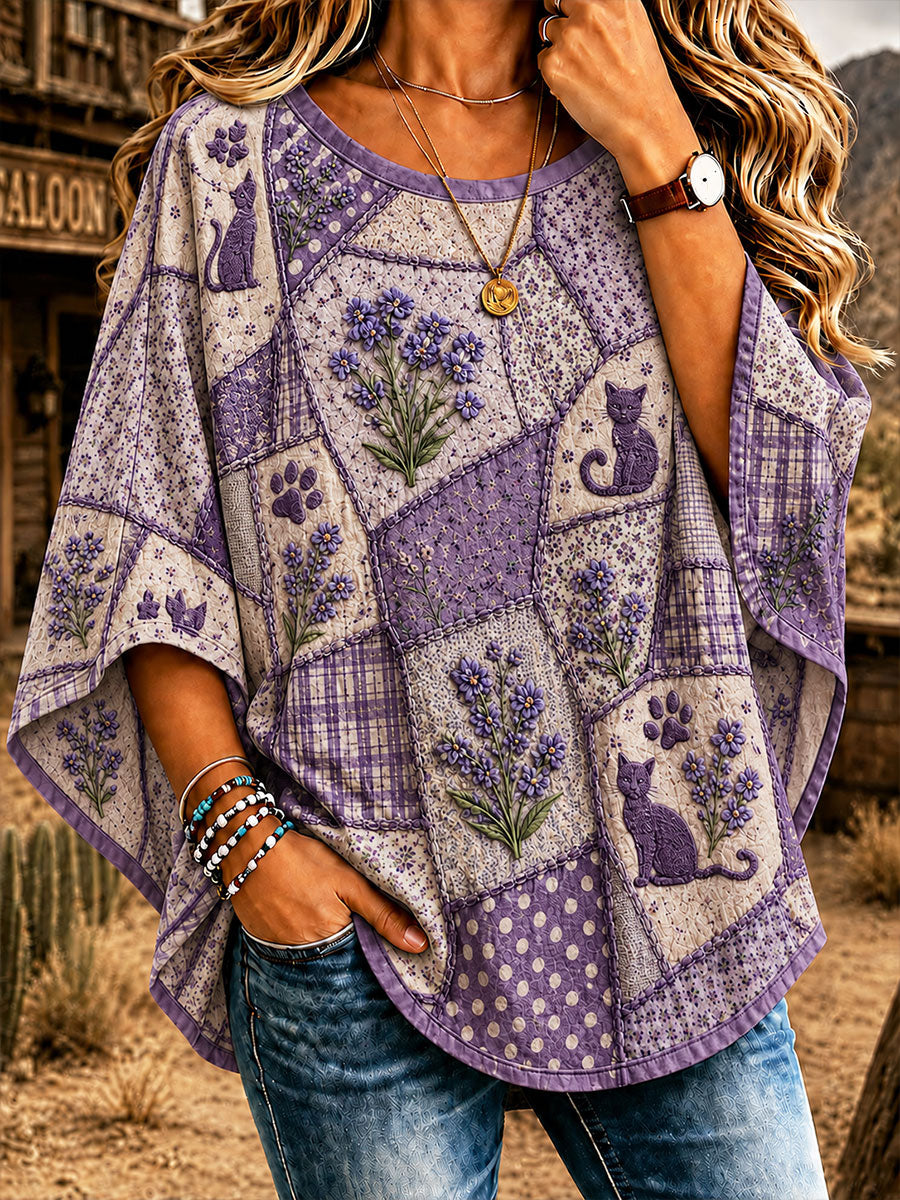 T-shirt décontracté pour femme à imprimé floral et motifs de chats, couleur violette