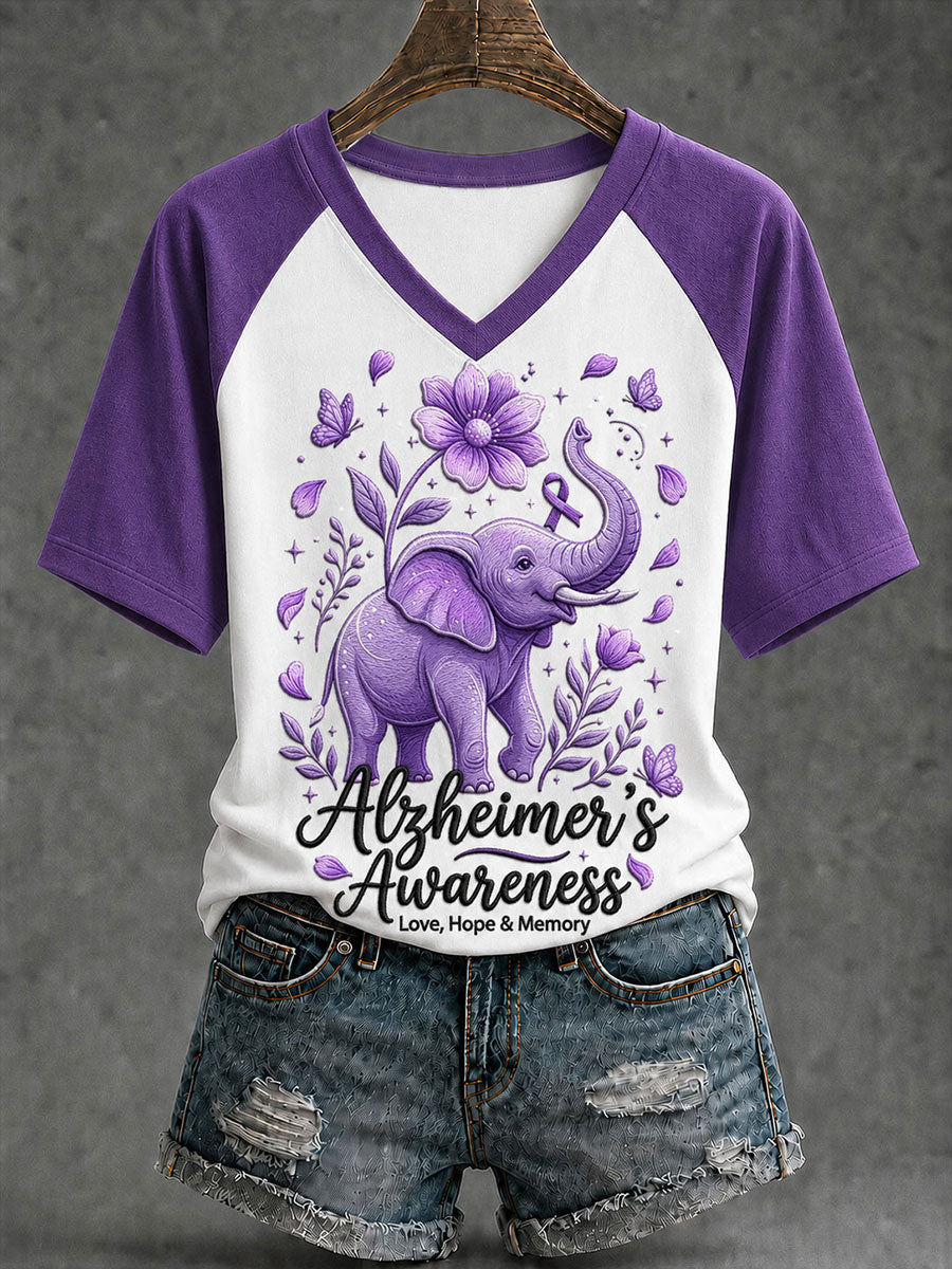 T-shirt à manches courtes pour femmes, motif éléphant et Alzheimer
