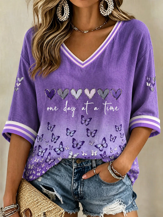 T-shirt à col en V pour femmes, imprimé floral violet et soutien à la sensibilisation à la maladie d’Alzheimer