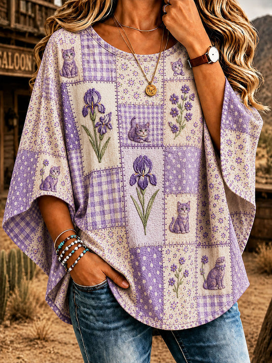 T-shirt décontracté pour femme à imprimé floral et motifs de chats, couleur violette