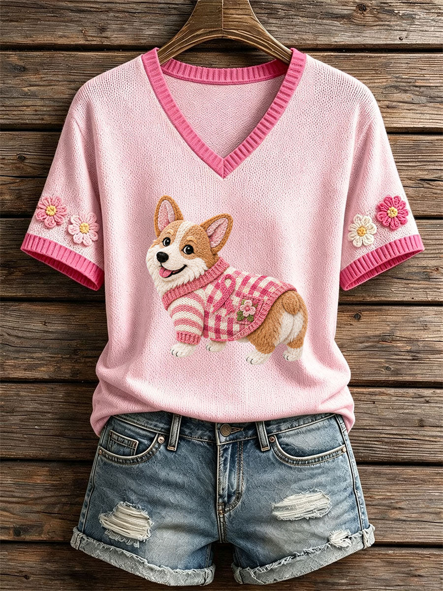 Femmes Feutre Art Corgi Motif Knit Top