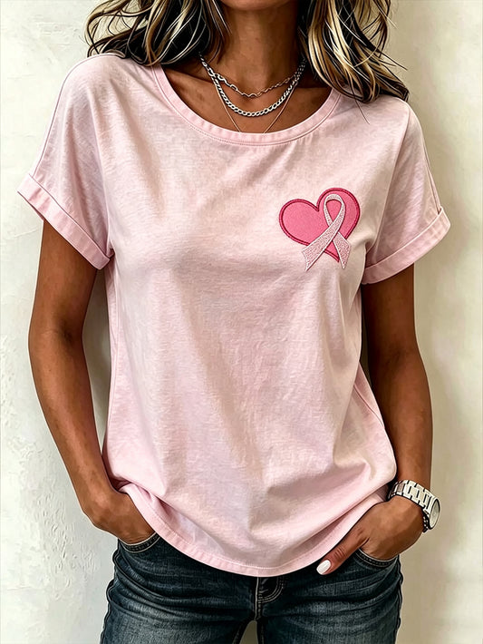 T-shirt décontracté à manches courtes, motif avec ruban rose de la solidarité féminine