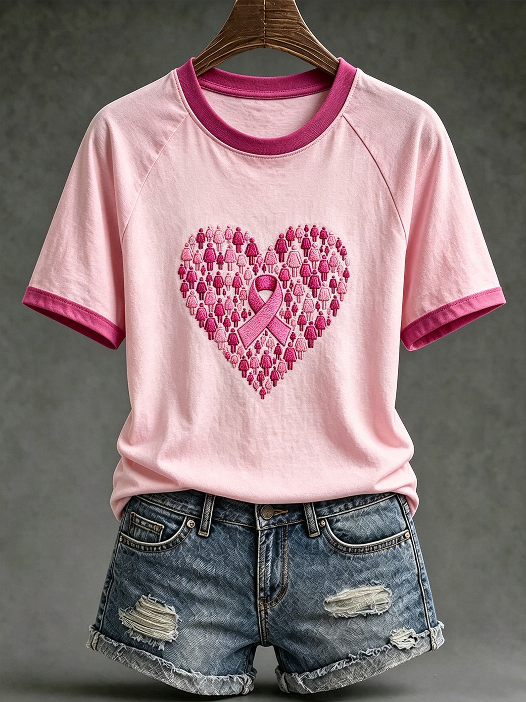 T-shirt décontracté à manches courtes, motif avec ruban rose de la solidarité féminine