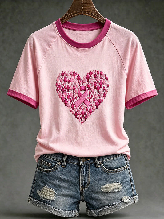 T-shirt décontracté à manches courtes, motif avec ruban rose de la solidarité féminine