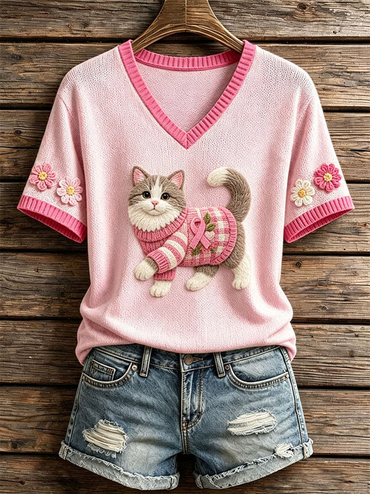 Top en tricot à motif de chat en feutre pour femmes
