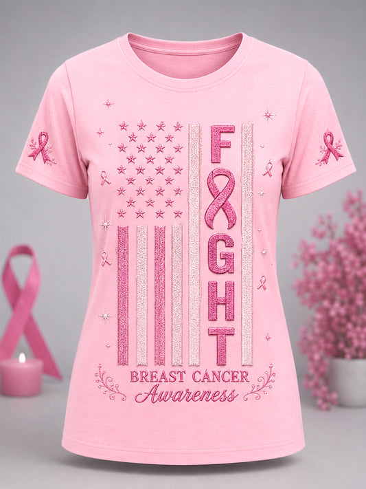 Femmes Rose Ruban Lutte USA Drapeau Imprimé Sensibilisation Au Cancer Du Sein Soutien Col En V Tee