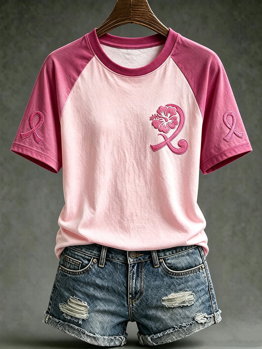 T-shirt décontracté à manches courtes, motif avec ruban rose de la solidarité féminine