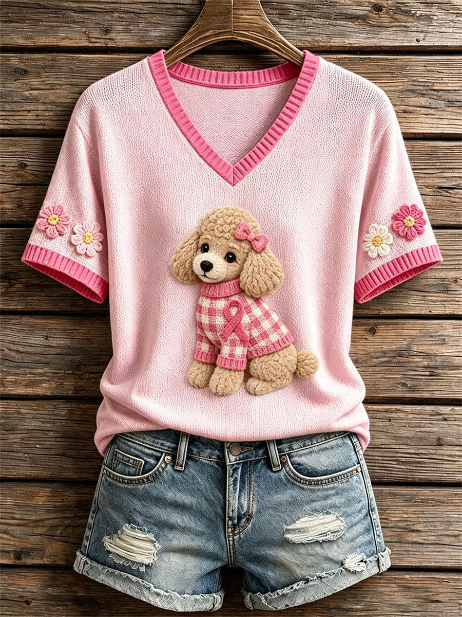 Top en tricot à motif de caniche en feutre pour femmes