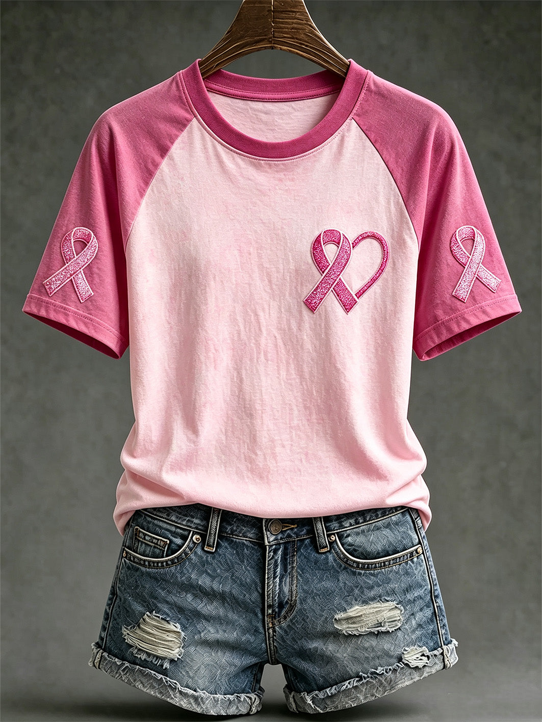 T-shirt décontracté à manches courtes, motif avec ruban rose de la solidarité féminine