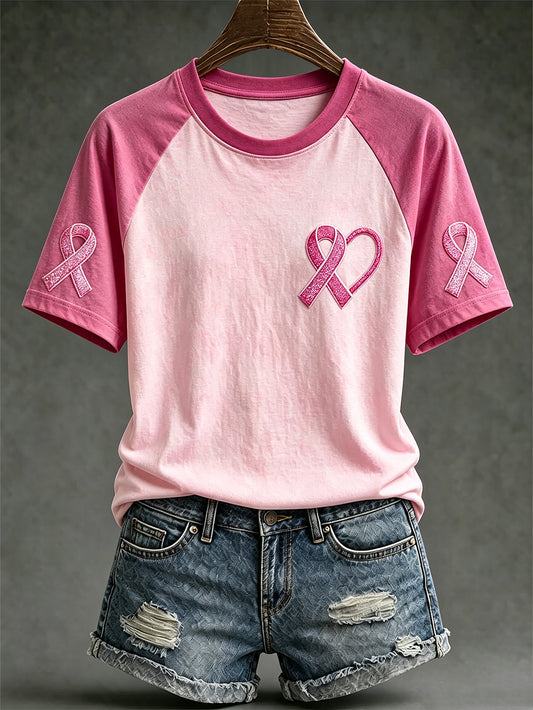 T-shirt décontracté à manches courtes, motif avec ruban rose de la solidarité féminine