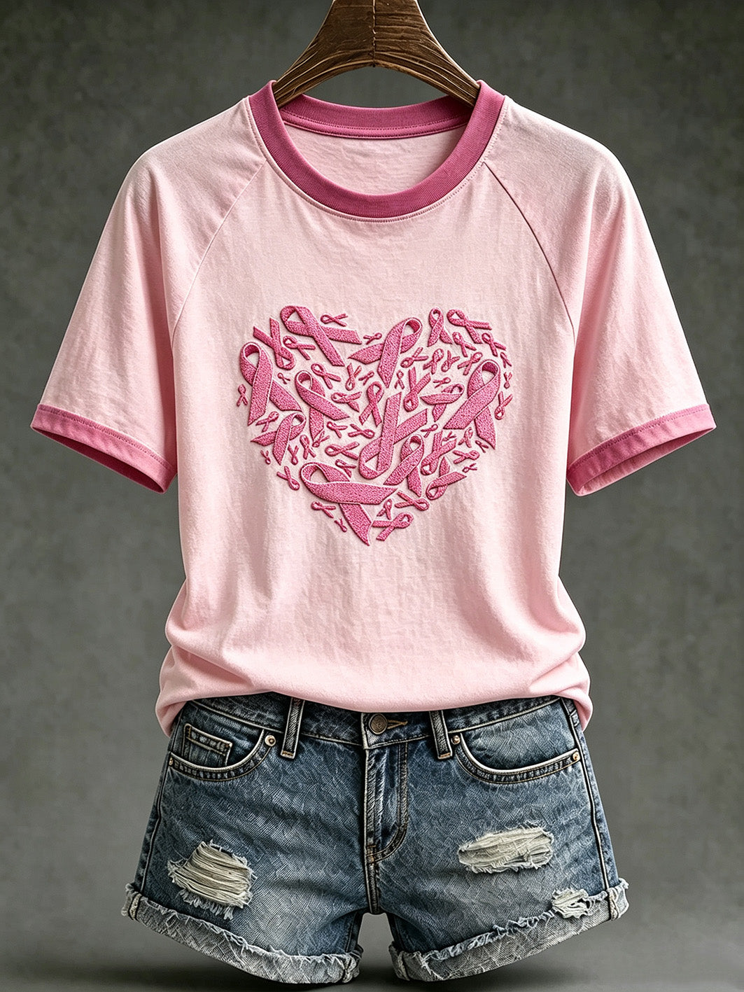 T-shirt décontracté à manches courtes, motif avec ruban rose de la solidarité féminine
