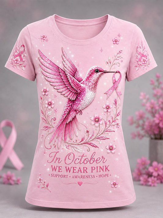 T-shirt de soutien de sensibilisation au cancer du sein imprimé floral et colibri rose pour femme