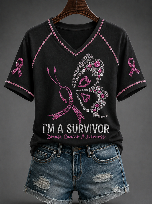 T-shirt à manches courtes femme col V à épaules dénudées Cancer du sein