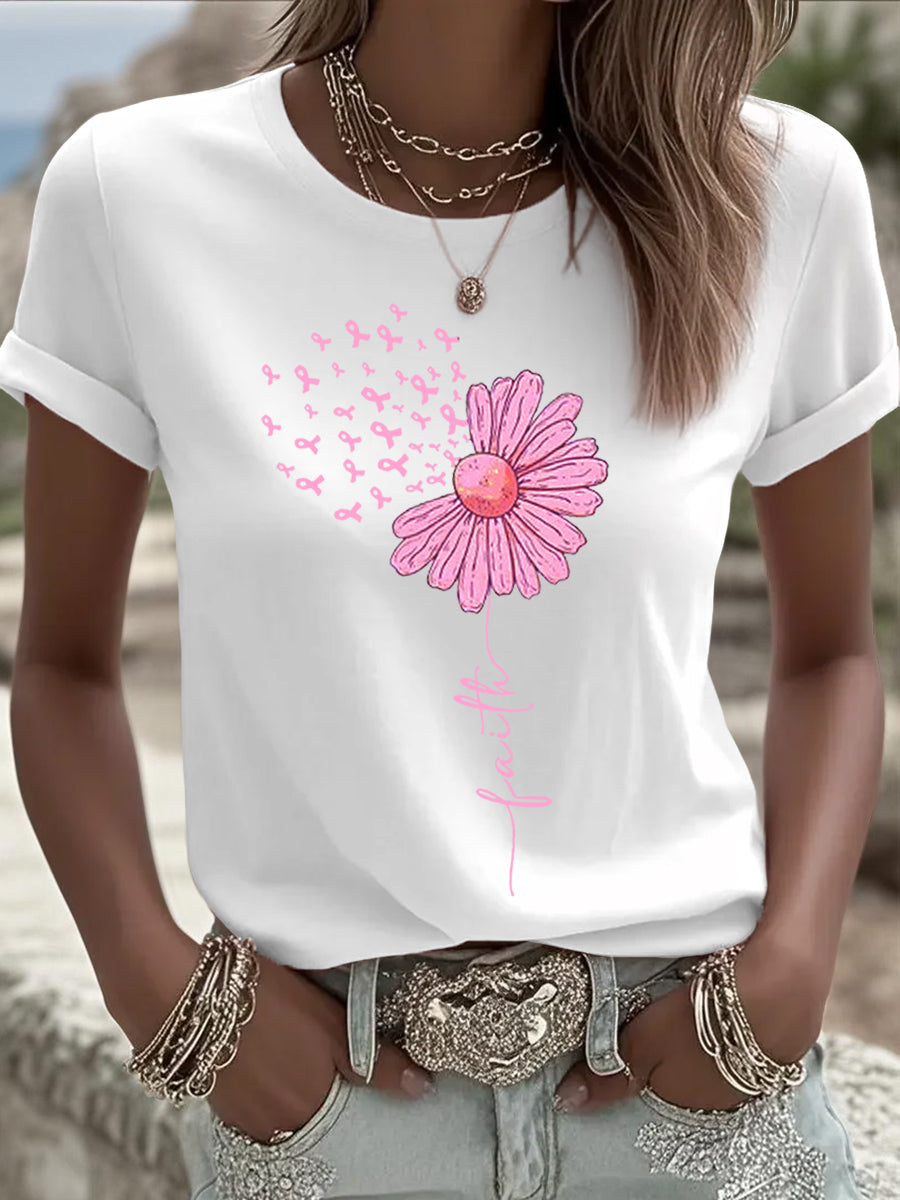 Femmes Rose Ruban Tournesol Imprimer Cancer Du Sein Sensibilisation Soutien Tee