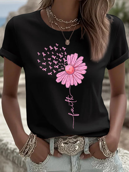 Femmes Rose Ruban Tournesol Imprimer Cancer Du Sein Sensibilisation Soutien Tee