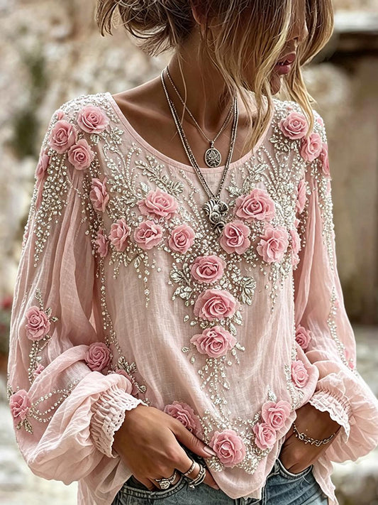 Chemise en coton-lin chic boho pour femme à imprimé floral rose