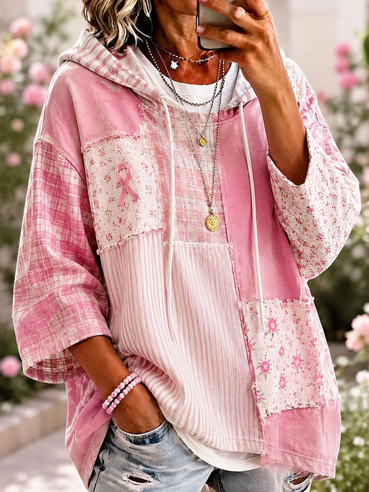 Sweat à Capuche Femme Rose Patchwork Floral Art