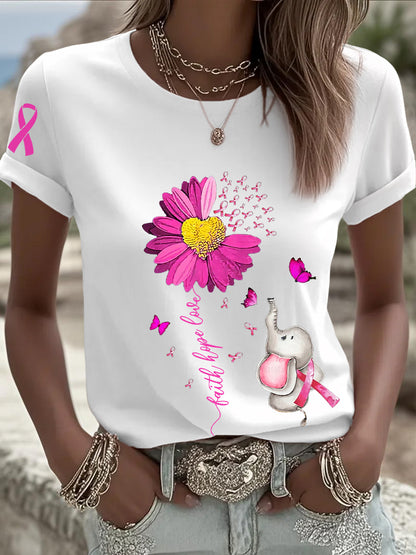 T-shirt à manches courtes pour femmes avec ruban rose tournesol sensibilisation au cancer du sein